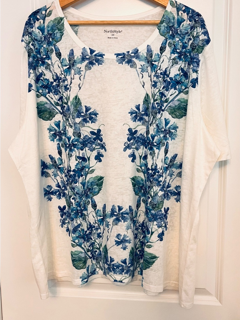 NorthStyle White Short Sleeve Top with Blue Floral Print